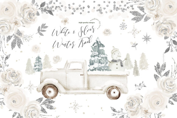 Enhance Your Creative Projects with Winter Silver Floral Pine Trees Clipart